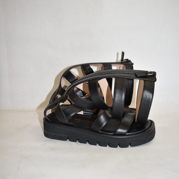 $550 Stuart Weitzman Gala Lift TALL Leather Sandal GLADIATOR BLACK 7  (PA4) - Picture 3 of 10
